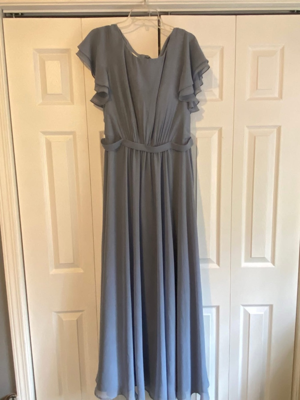 JJs House Dusty Blue Chiffon Ruffle Sleeve Maxi Dress